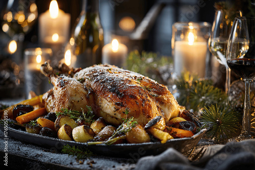 Golden truffled roasted French capon in chic snowy alpine chalet