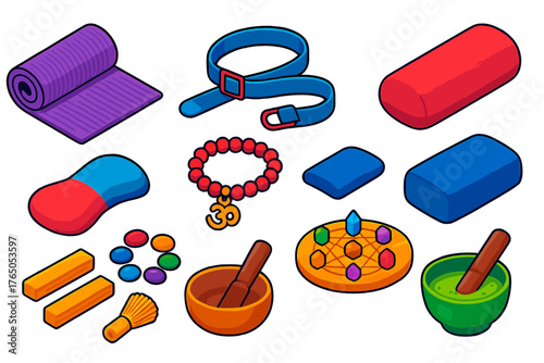 Yoga Essentials Icons. Isometric vector illustration set Yoga and Mindfulness Essentials: thick yoga mat, OM charm bracelet,