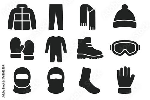 Winter Clothing Icons. Solid style icons of Winter clothing: jacket, pants, scarf, hat, mittens, thermal layers, boots, goggles,
