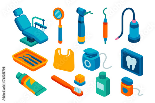 Dental Care Tools. Isometric vector illustration set First Aid and Healthcare Tools: dental chair, dental mirror, dental drill,