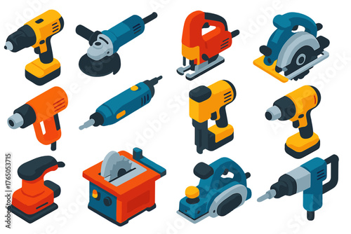 Colorful Power Tools Icons. Isometric vector illustration set Power Tools: cordless drill, angle grinder, jigsaw, circular saw,