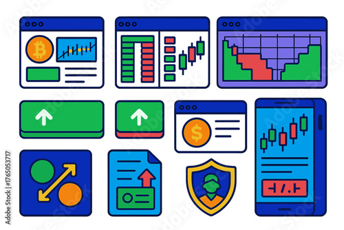 Crypto Exchange Icons. Isometric vector illustration set Crypto Exchanges: exchange homepage, order book screen, candlestick chart