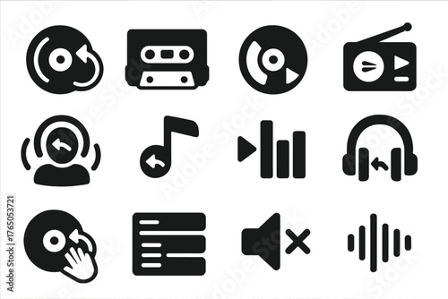 Rewind Audio Icons. Solid style icons of audio rewind: vinyl spin back, cassette tape reverse, CD player previous, radio tuning