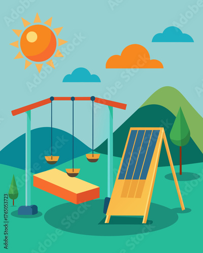 A playground with solarpowered swings and slides incorporating solar panels into its design for a fun and educational playtime experience.. Vector illustration