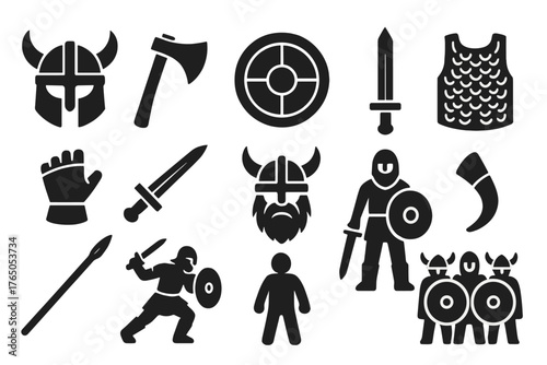 Viking Warrior Icons. Solid style icons of Viking warriors: helmet, axe, shield, sword, spear, chainmail, gauntlet, horned helmet,
