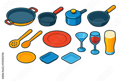 Colorful Kitchen Icons. Isometric vector illustration set Kitchen and Dining Elements: paella pan wide, sauté skillet deep,