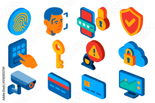 Vibrant Banking Security Icons. Isometric vector illustration set Banking Security: biometric fingerprint, face scan, two-factor