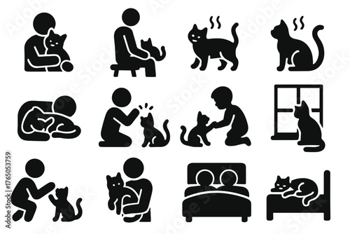 Cat Bonding Icons. Solid style icons of cat friendship: cat cuddling owner, cat sitting on lap, cat rubbing leg, cat purring, cat