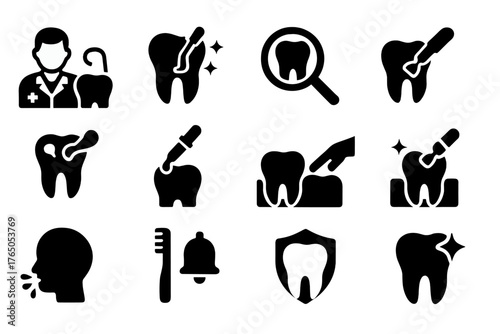 Dental Health Icons. Solid style icons of Dental health actions: dentist checkup, dental cleaning, tooth examination, plaque