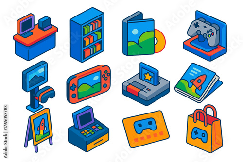 Game Store Essentials. Isometric vector illustration set Gaming: game shop counter, shelf with boxes, game disc case, controller