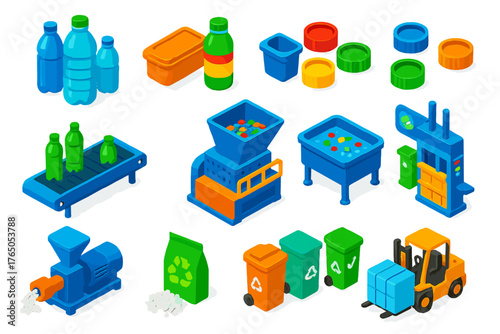 Plastic Recycling Process. Isometric vector illustration set Plastic Recycling: plastic bottles, plastic containers, plastic caps,