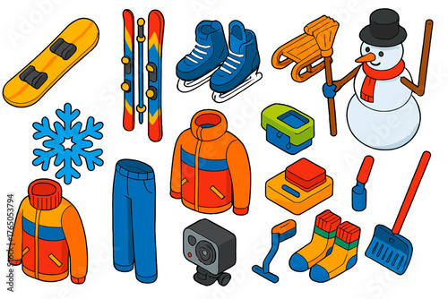 Winter Sports Icons. Isometric vector illustration set winter sports and fun: splitboard snowboard, downhill skis, speed skates,