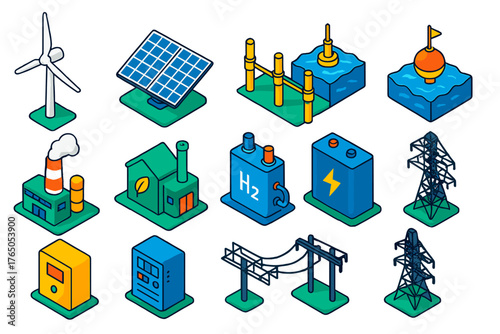 Renewable Energy Icons. Isometric vector illustration set Renewable Energy Equipment: wind turbine, solar panel, tidal power