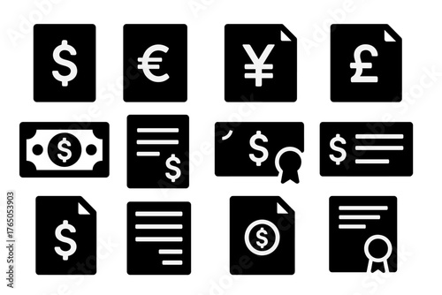 Currency Icon Collection. Solid style icons of Money documents: dollar paper, euro paper, yen paper, pound paper, banknote with