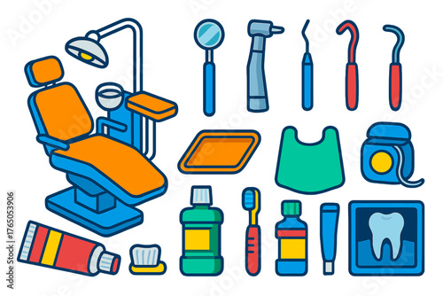 Dental Care Tools. Isometric vector illustration set First Aid and Healthcare Tools: dental chair, dental mirror, dental drill,