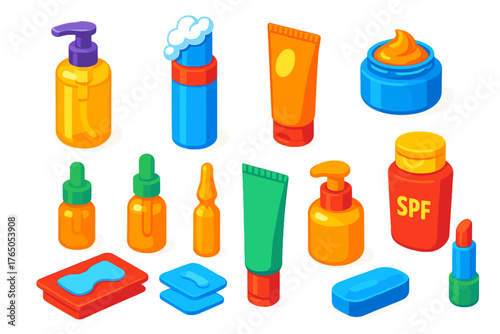 Wellness & Beauty Essentials. Isometric vector illustration set Wellness, Relaxation, and Beauty Essentials: facial cleansing oil,