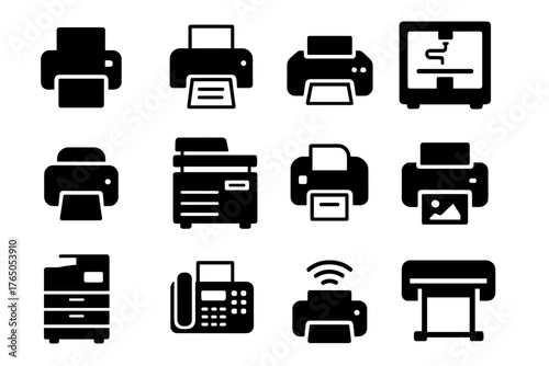 Printer Icons Collection. Solid style icons of printer devices: desktop printer, laser printer, inkjet printer, 3D printer,
