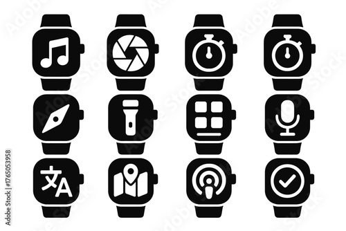 Smartwatch App Icons. Solid style icons of smartwatch apps: music player, camera shutter, stopwatch, timer, compass, flashlight,