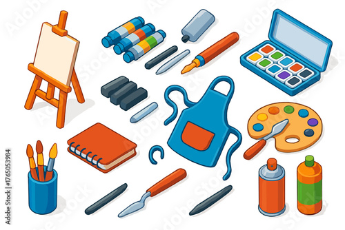 Vibrant Art Supplies. Isometric vector illustration set Education: art easel, blank canvas, oil paints, watercolor set, sketchbook