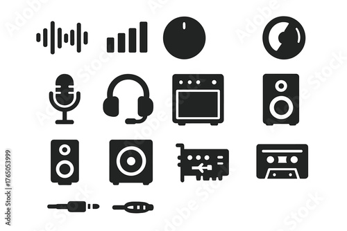 Audio Tools Icons. Solid style icons of audio-visual tools: sound wave, equalizer bars, volume knob, microphone stand, headset,