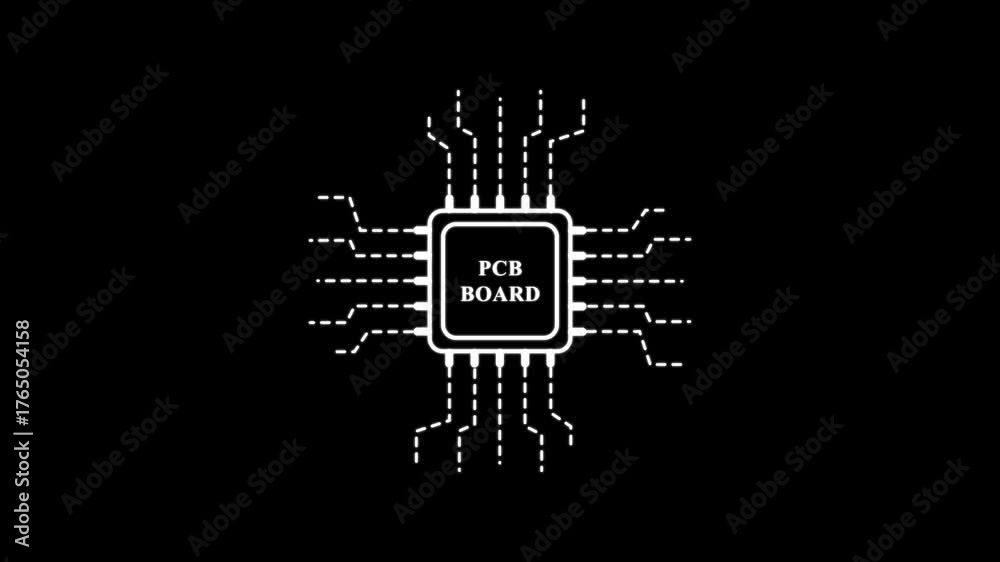 Pcb Loading Machine Icon PCB board icon with dashed circuit lines on black background ...