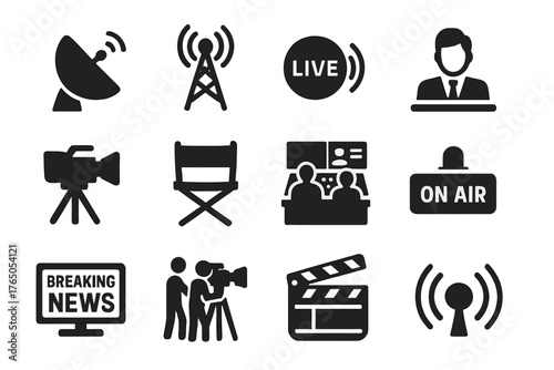TV Broadcast Icons. Solid style icons of TV broadcasting: satellite dish, antenna tower, live broadcast symbol, TV news anchor,