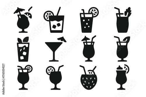 Tropical Cocktail Icons. Solid style icons of tropical cocktails: pina colada, mai tai, blue lagoon, tequila sunrise, mojito,