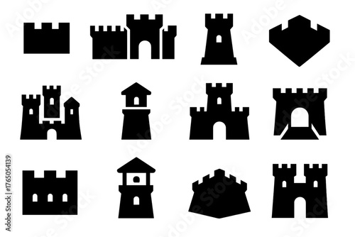 Fortress Icons Collection. Solid style icons of fortresses: fortified wall, fortress gate, defensive tower, bastion, stronghold,