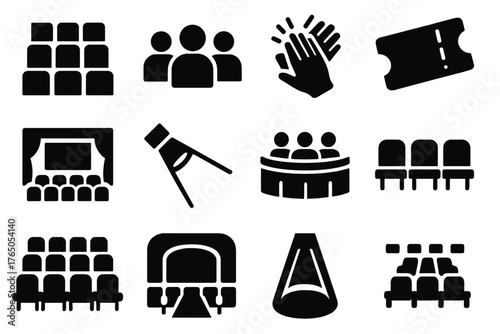 Theater Icon Set. Solid style icons of Audience view: seats, people silhouettes, applause hands, ticket stub, stage view,