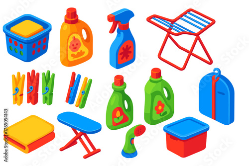 Baby Laundry Essentials. Isometric vector illustration set Baby Essentials: laundry basket, baby detergent, stain remover, drying