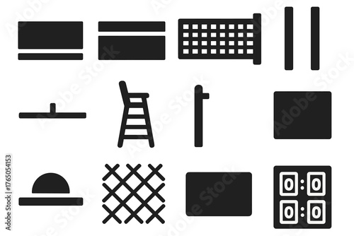 Tennis Court Elements. Solid style icons of Tennis court elements: baseline, service line, net, doubles sideline, singles sideline