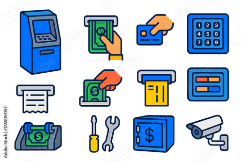 ATM Operations Set. Isometric vector illustration set ATM Operations: ATM machine front view, cash withdrawal, card insertion, PIN