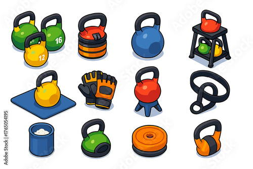 Fitness Gear Icons. Isometric vector illustration set Fitness and Workout Essentials: kettlebell set, adjustable kettlebell,