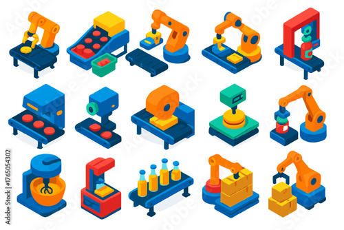 Food Automation Icons. Isometric vector illustration set Food Processing Automation: robotic arm, conveyor with food trays,