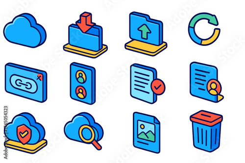 Cloud Services Icons. Isometric vector illustration set Cloud and Online Services UI: cloud storage icon, file upload icon, file