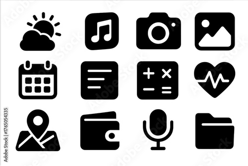 Solid Style App Icons. Solid style icons of smartphone apps: weather app, music player, camera app, gallery photos, calendar app,
