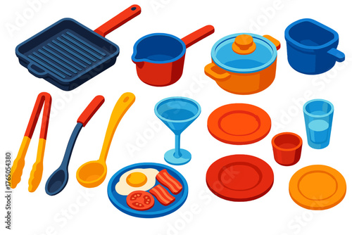 Vibrant Kitchen Icons. Isometric vector illustration set Kitchen and Dining Elements: grill pan with ridges, saucepan pour spout,