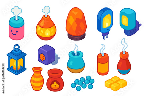 Wellness Essentials Icons. Isometric vector illustration set Wellness, Relaxation, and Beauty Essentials: personal humidifier,