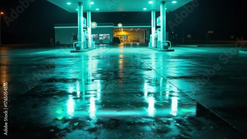 Neonlit gas station at night: eerie ambiance with reflective surfaces