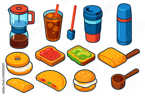 Coffee and Breakfast Icons. Isometric vector illustration set Coffee Equipment and Breakfast Treats: cold brew maker, iced coffee