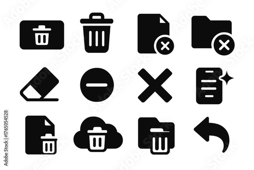 Digital Trash Icons. Solid style icons of Digital trash: delete button, recycle bin icon, file deletion, trash folder, eraser,