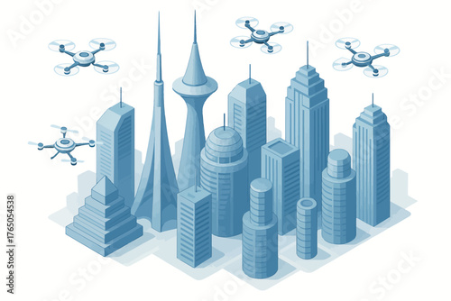 Futuristic cityscape with skyscrapers and drones in the sky