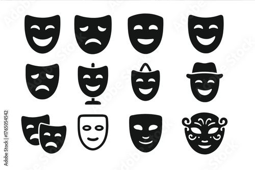 Drama Masks Collection. Solid style icons of Drama masks: comedy mask, tragedy mask, neutral mask, smiling mask, frowning mask,