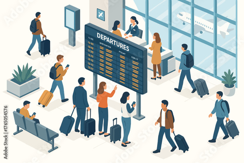Diverse travelers navigating airport terminal with departure board