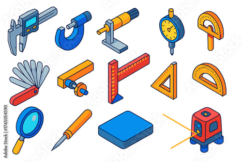 Precision Tool Icons. Isometric vector illustration set Precision Tools: caliper, micrometer, depth gauge, dial indicator, feeler