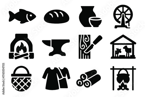 Viking Daily Icons. Solid style icons of Viking daily life: fish, bread, pottery, spinning wheel, forge, anvil, wood carving,
