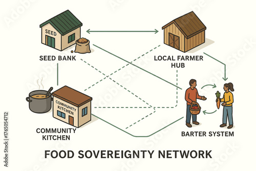 Food sovereignty network diagram with seed bank, local farmer hub, community kitchen, barter system