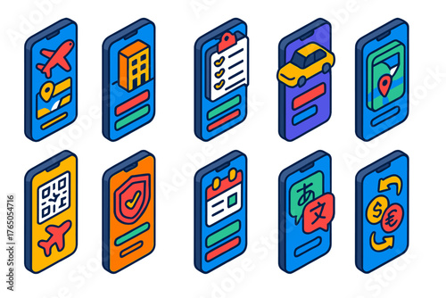 Business Travel App Icons. Isometric vector illustration set Business Travel Apps: flight booking screen, hotel booking, itinerary