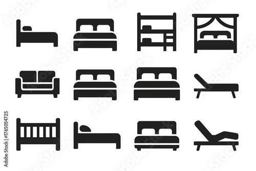 Solid Bed Icons. Solid style icons of Bed types: single bed, double bed, bunk bed, canopy bed, sofa bed, king-size bed, queen-size