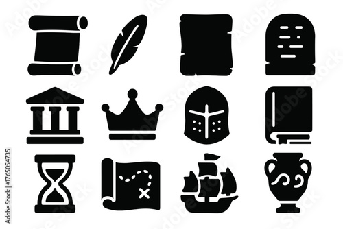 History Icons Collection. Solid style icons of History symbols: ancient scroll, quill, parchment, stone tablet, historical